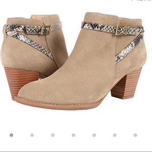 New VIONIC tan suede with python trim ankle boots